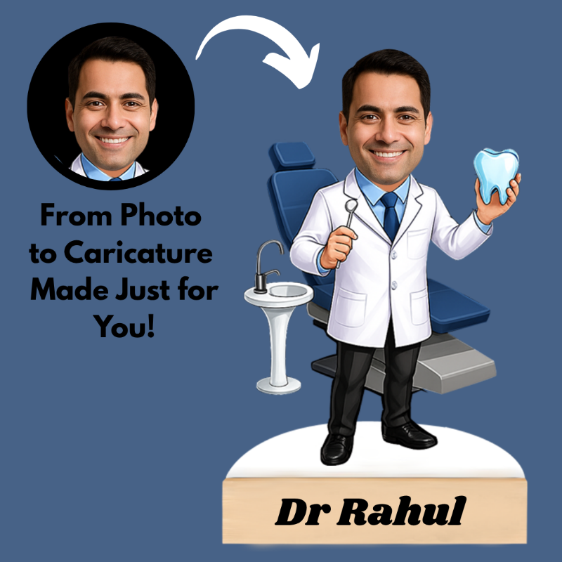 Cartoon caricature of a dentist with dental tools and a tooth, set against a blue background with text about photo to caricature service.