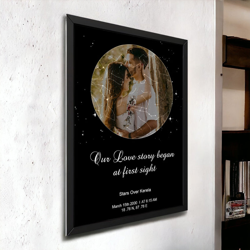 Framed artwork with a couple's photo and text on a black background