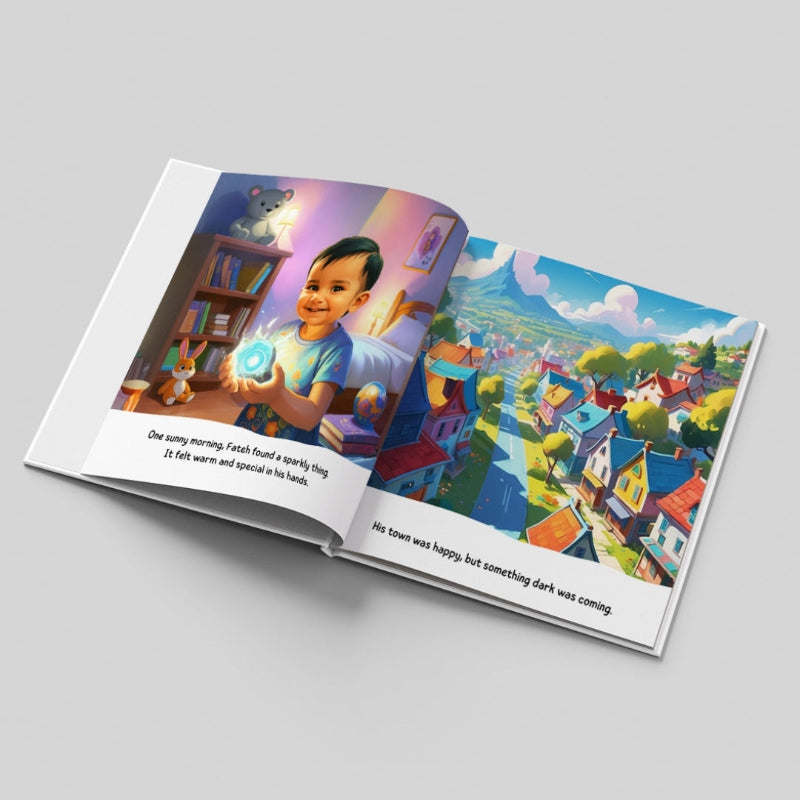 Open book with colorful illustrations of a child and a town on a gray background