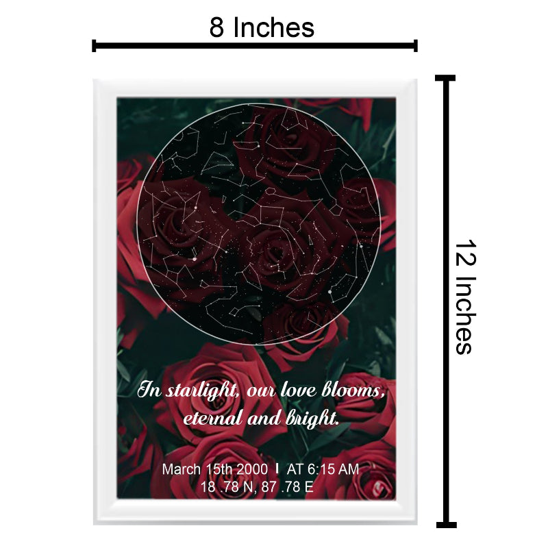 Framed artwork with red roses and a constellation design, featuring text on a dark background.