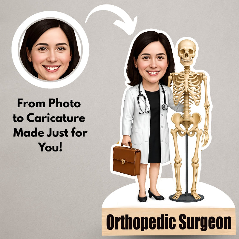 Caricature of an orthopedic surgeon with a skeleton and text about photo to caricature service.