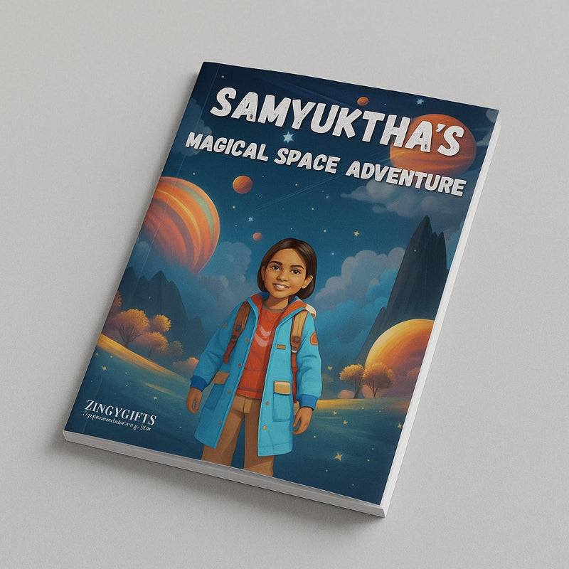 Book cover of 'Samyuktha's Magical Space Adventure' with a child character and space-themed background.