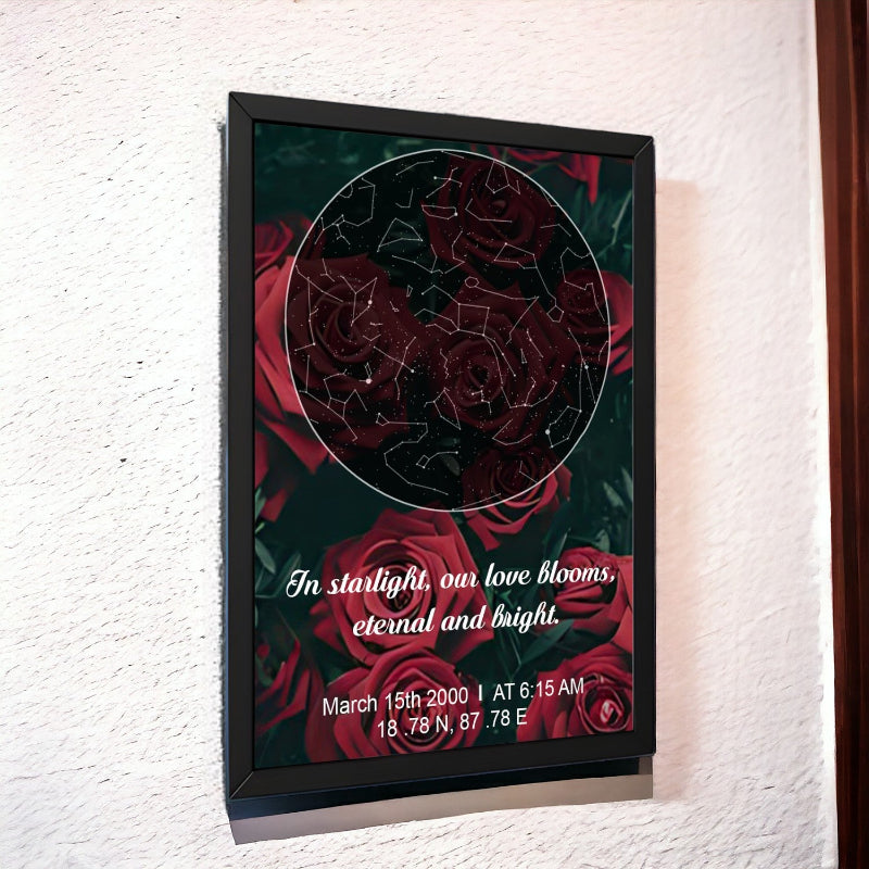 Framed artwork with red roses and text on a white wall
