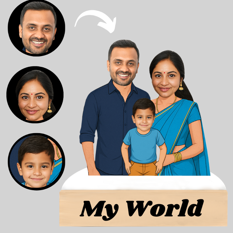 Illustrated family with a child holding 'My World' sign, with portraits of family members above.