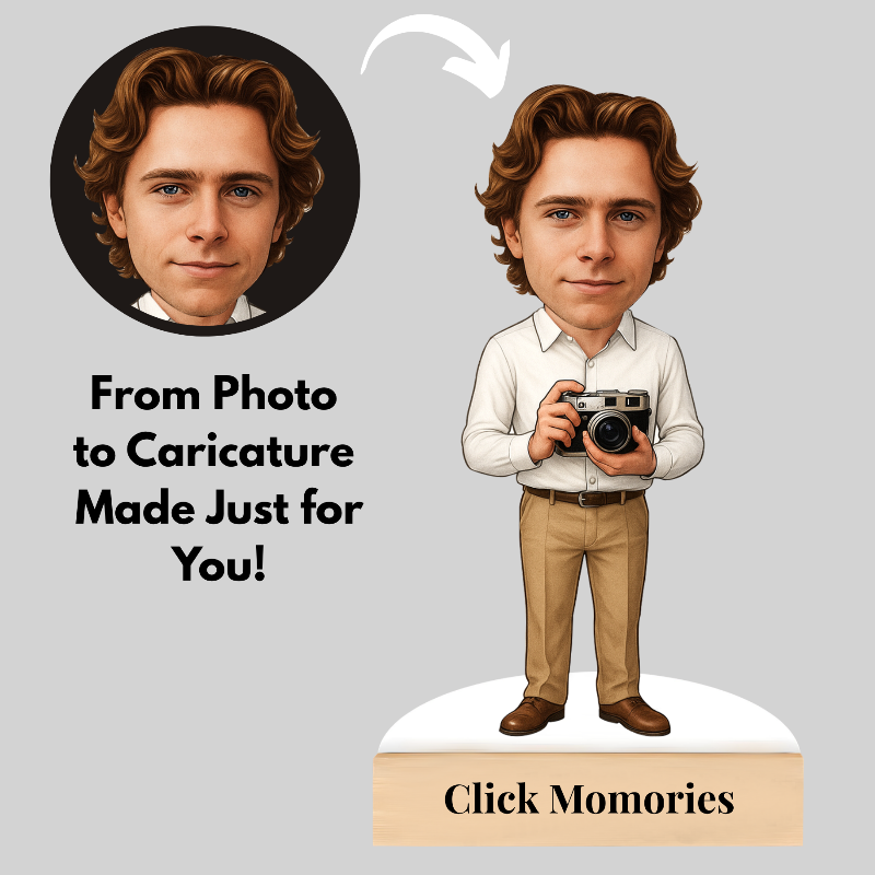 Caricature of a person holding a camera with text 'From Photo to Caricature Made Just for You!' and 'Click Momories' on a gray background.