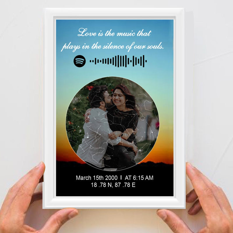Framed artwork with a couple's photo, quote, and personalized details on a gradient background.