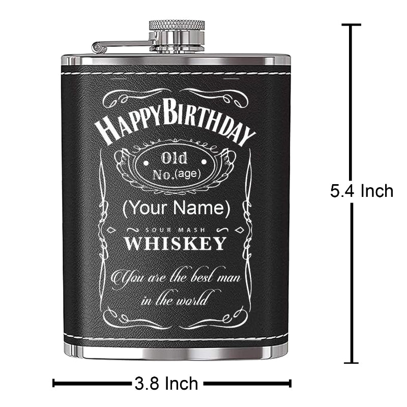 Black flask with 'Happy Birthday' and 'Old No. (Age)' text, dimensions shown.