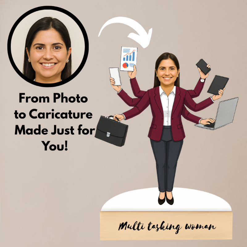 Caricature of a multi-tasking woman with various devices and a briefcase, with text about photo to caricature service.
