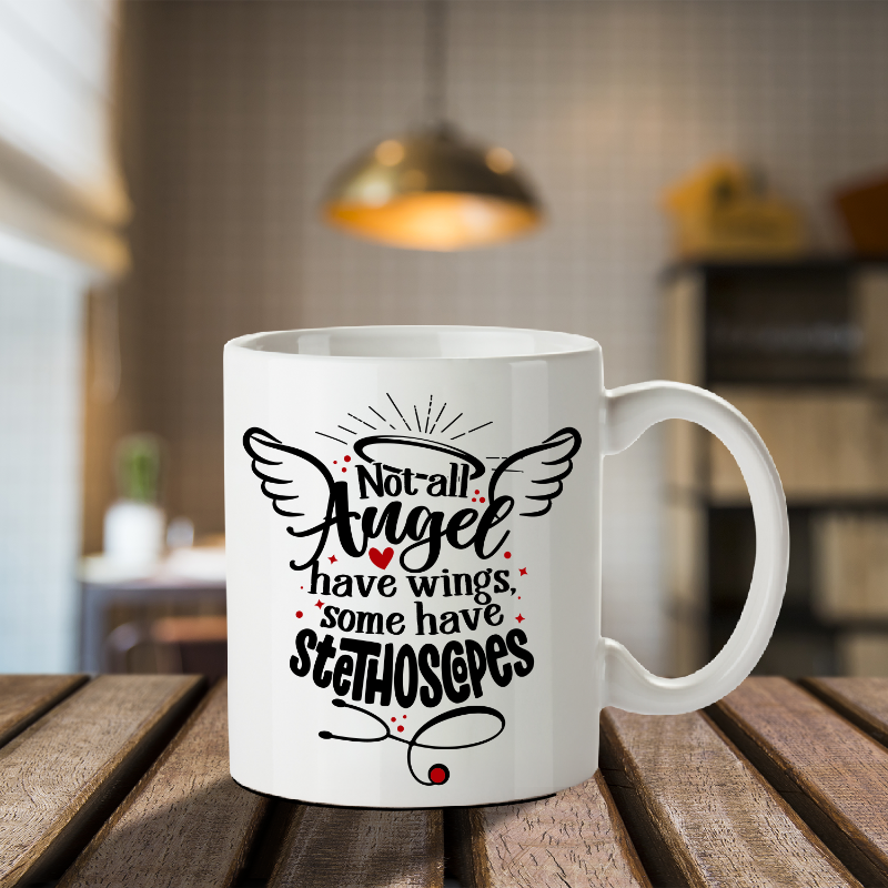 White mug with black text and design on a wooden table