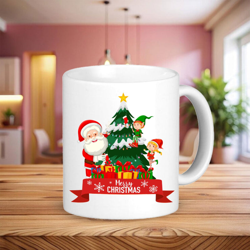 White mug with Christmas design featuring Santa Claus, trees, and presents on a wooden table.