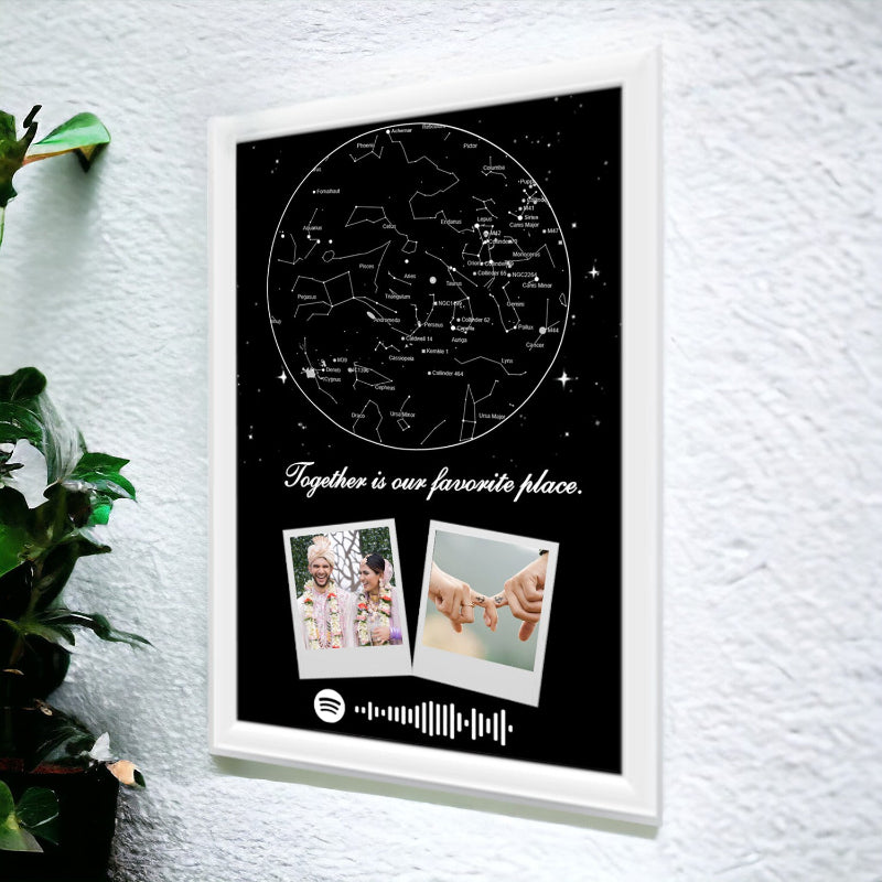 Framed star map with photos and text on a white wall