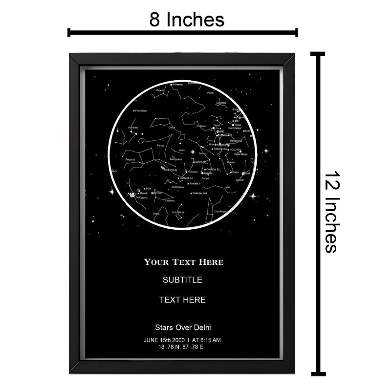 Framed star map with dimensions and customizable text area on a white background