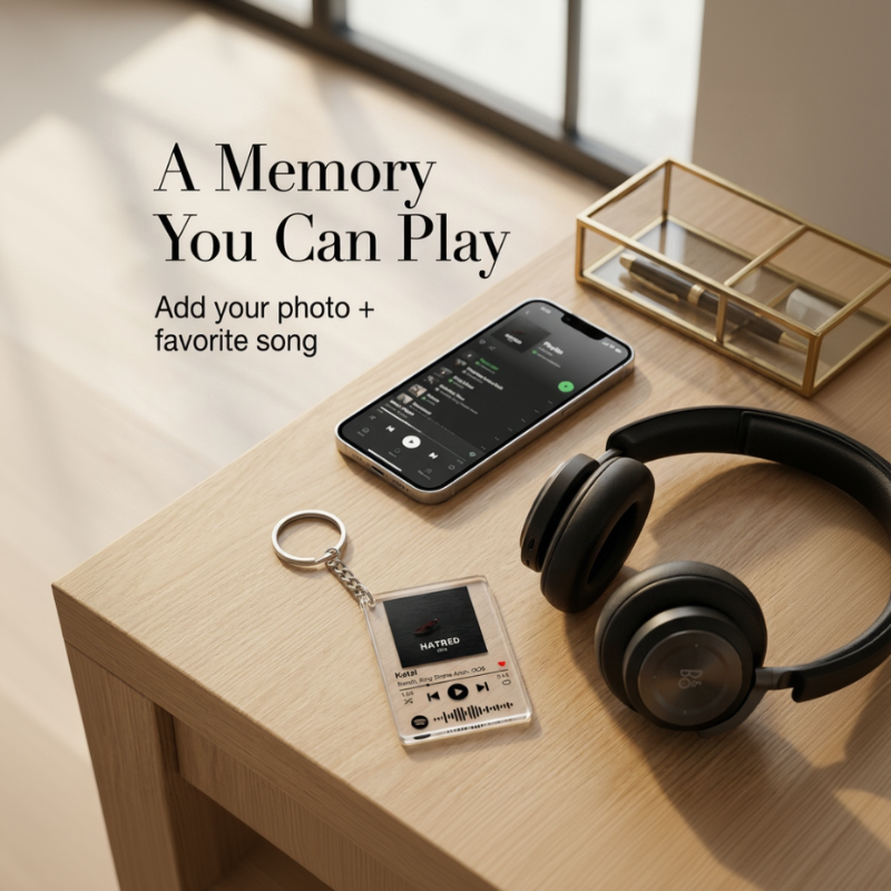 Headphones, smartphone, and keychain on a wooden surface with text overlay.