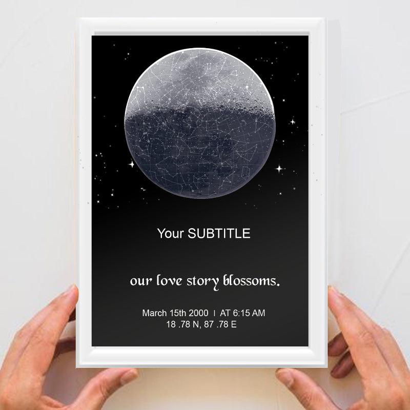 Framed print with a moon graphic and customizable text on a black background
