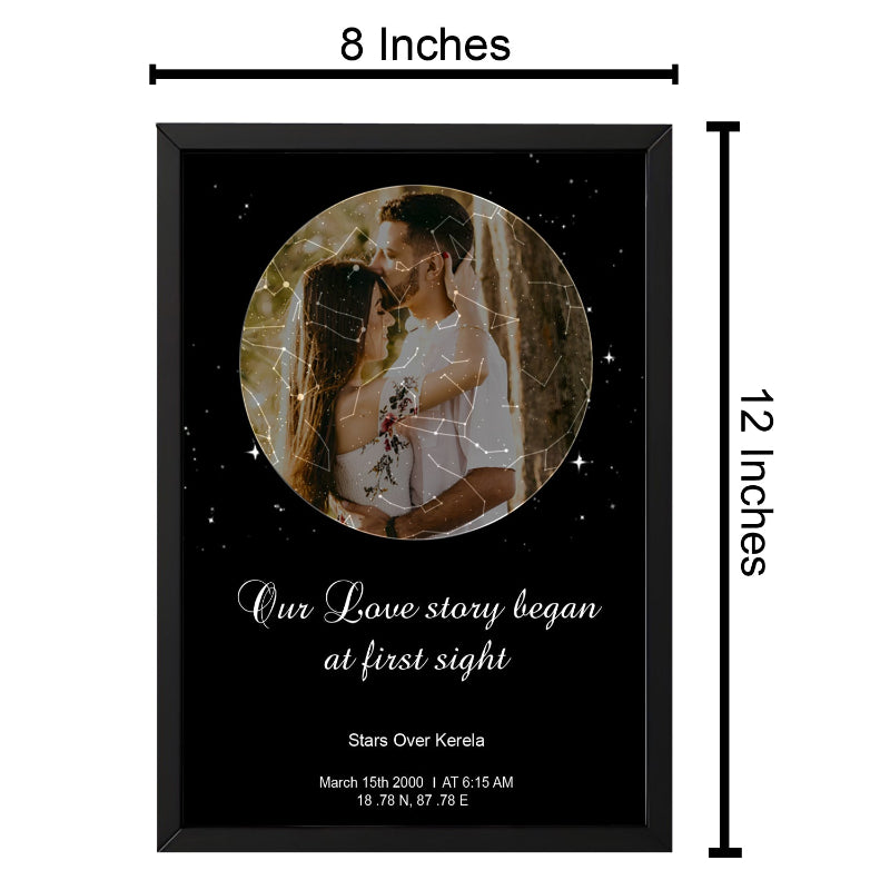 Framed photo of a couple with 'Our Love Story Began at First Sight' text and star coordinates.