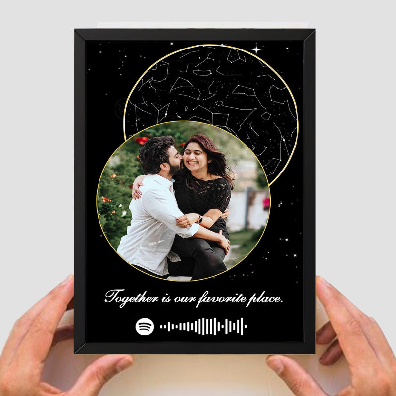 Framed photo of a couple with 'Together is our favorite place' text and Spotify logo.