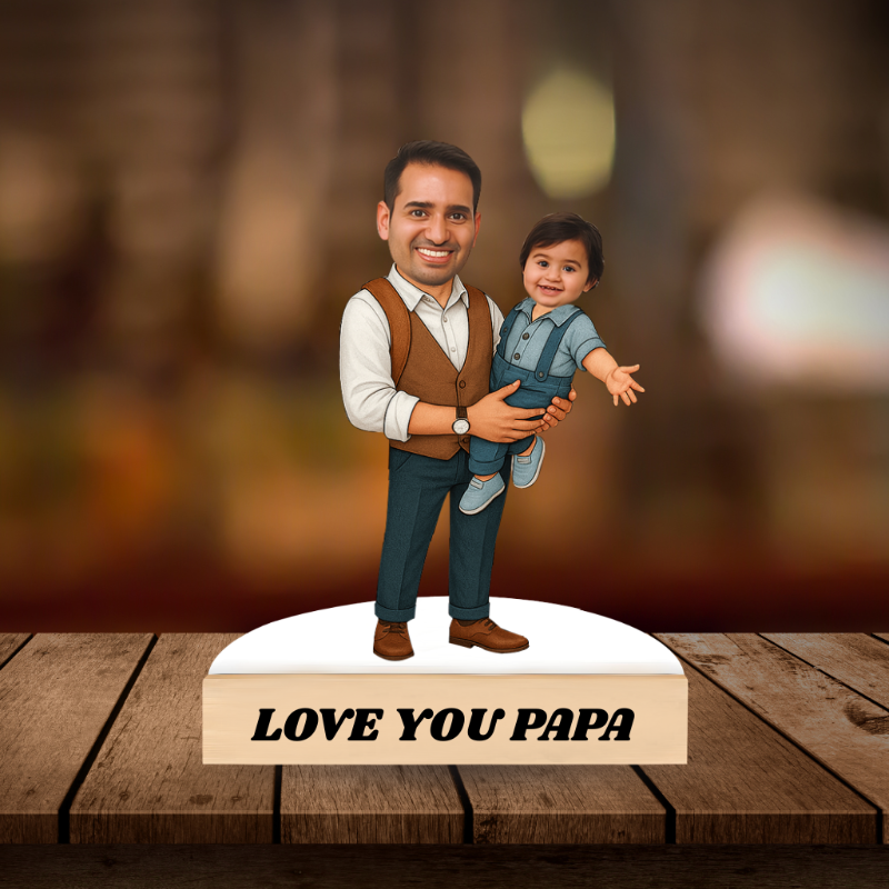 Cartoon-style illustration of a man holding a child with 'Love You Papa' text on a wooden platform.