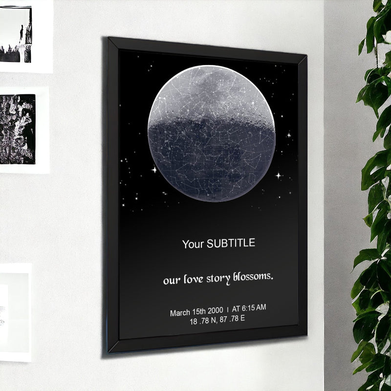 Framed poster with celestial design and customizable text on a wall.