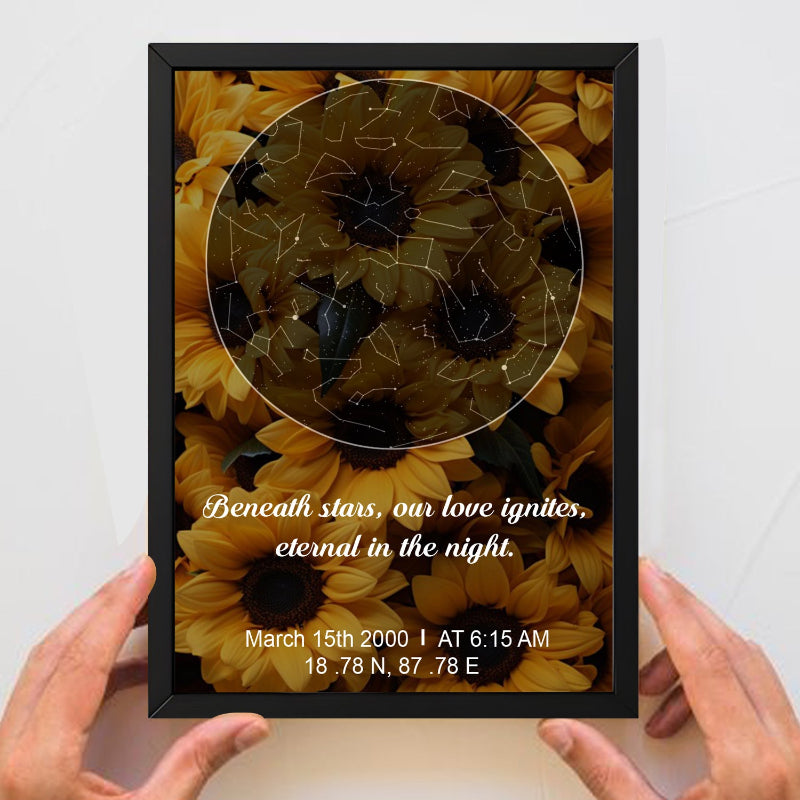 Framed artwork with sunflowers and star map, held by hands against a white background