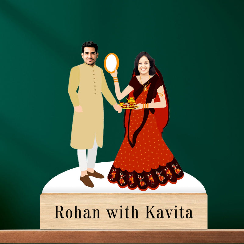 Illustration of a man and woman in traditional attire with a green background