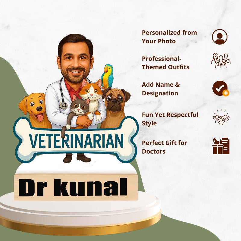 Personalized veterinarian-themed cake with a doctor's photo, pets, and text on a light background.