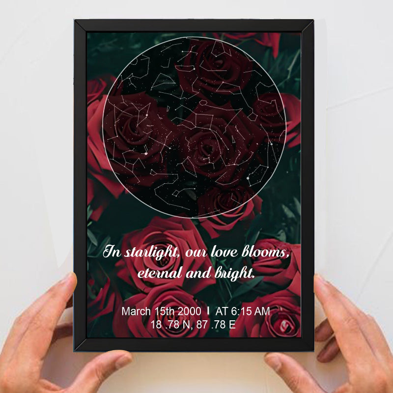 Framed poster with red roses and a star map, held by hands against a white background.