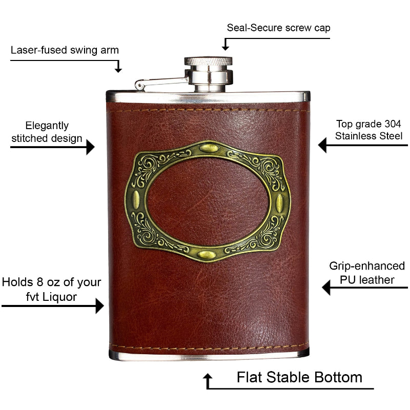 Brown leather flask with decorative emblem and feature labels on a white background