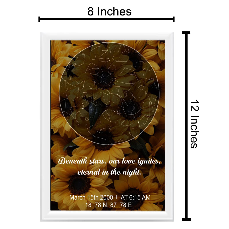 Framed sunflower print with measurements and text on a white background
