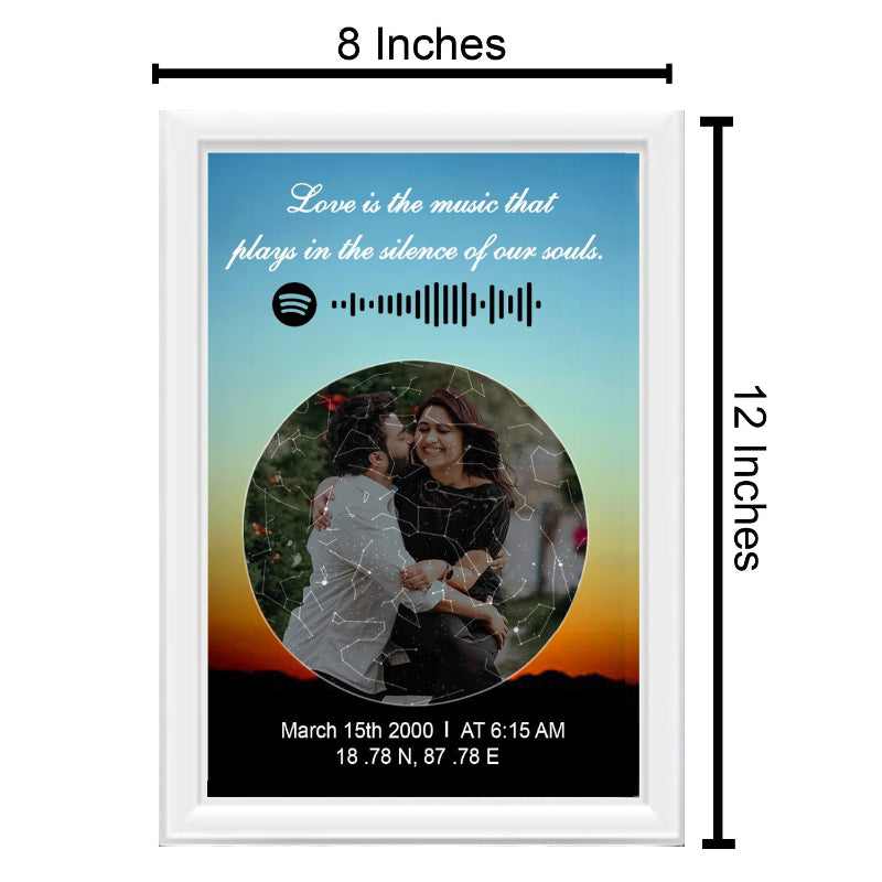 Framed artwork with a couple, Spotify music note, and personalized text on a gradient background.