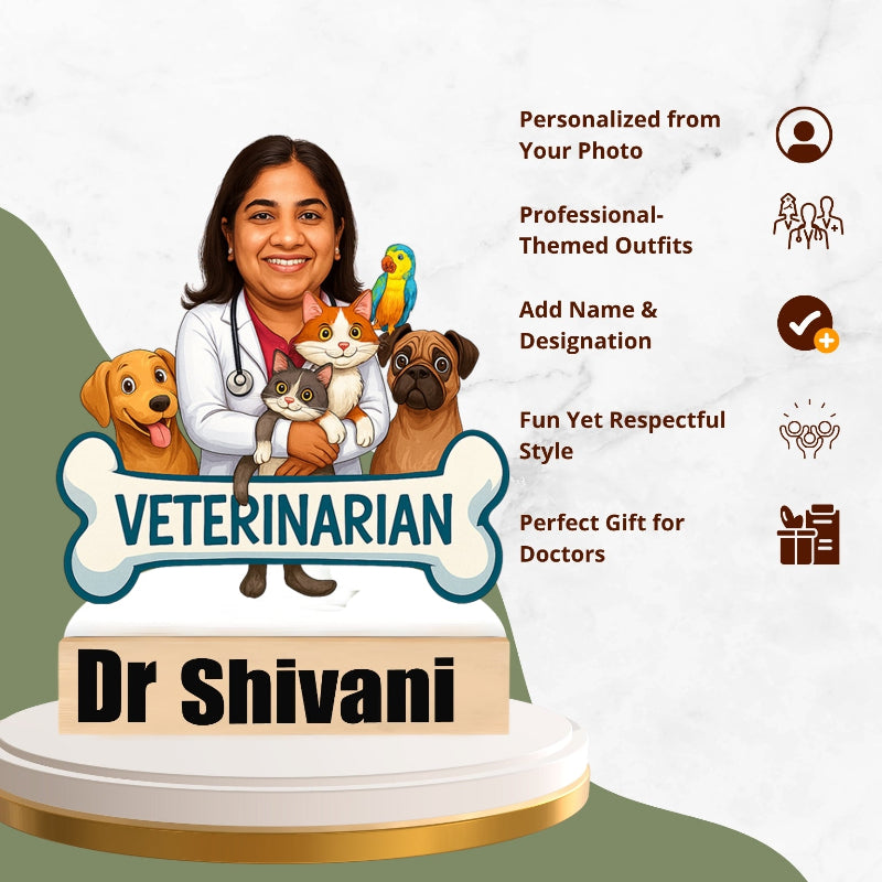 Personalized veterinarian cake with cartoon animals and text on a white background