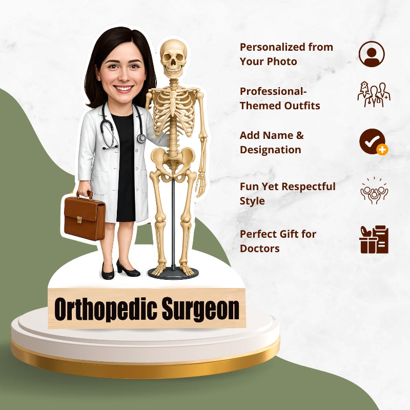 Bobblehead of an orthopedic surgeon with a skeleton on a white background
