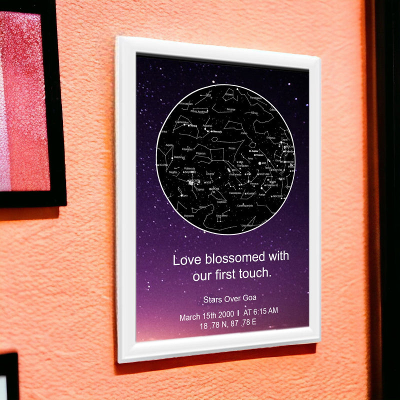 Framed star map poster on a pink wall with text