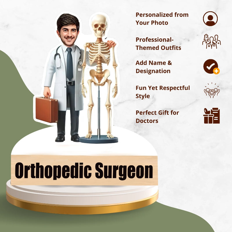 Caricature of an orthopedic surgeon with a skeleton, standing on a white and gold base.