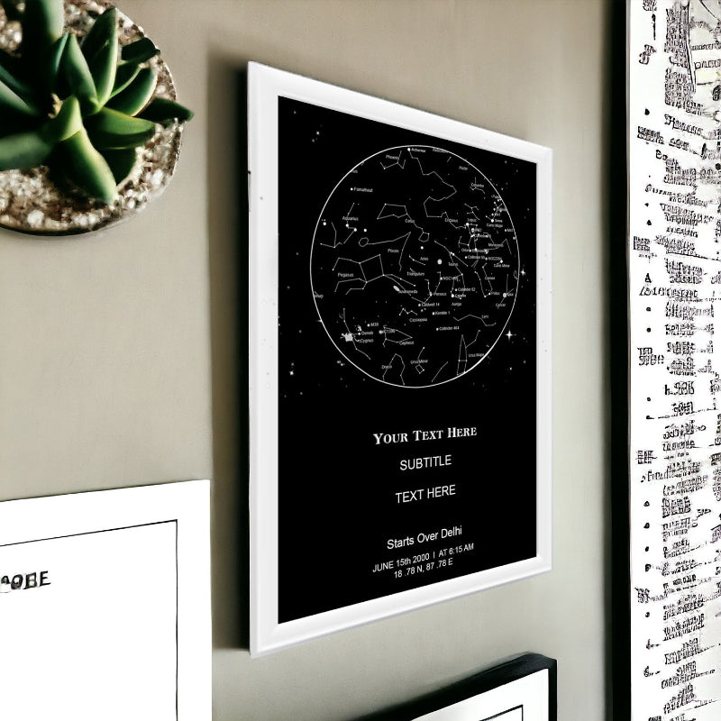 Framed star map poster with customizable text on a wall with other decor items.