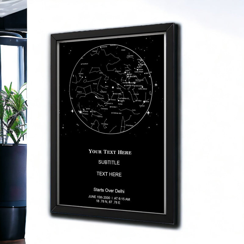 Framed star map with customizable text on a white wall.