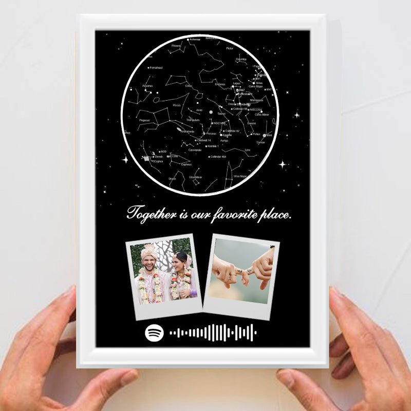Framed print with constellation map and two photos held by hands