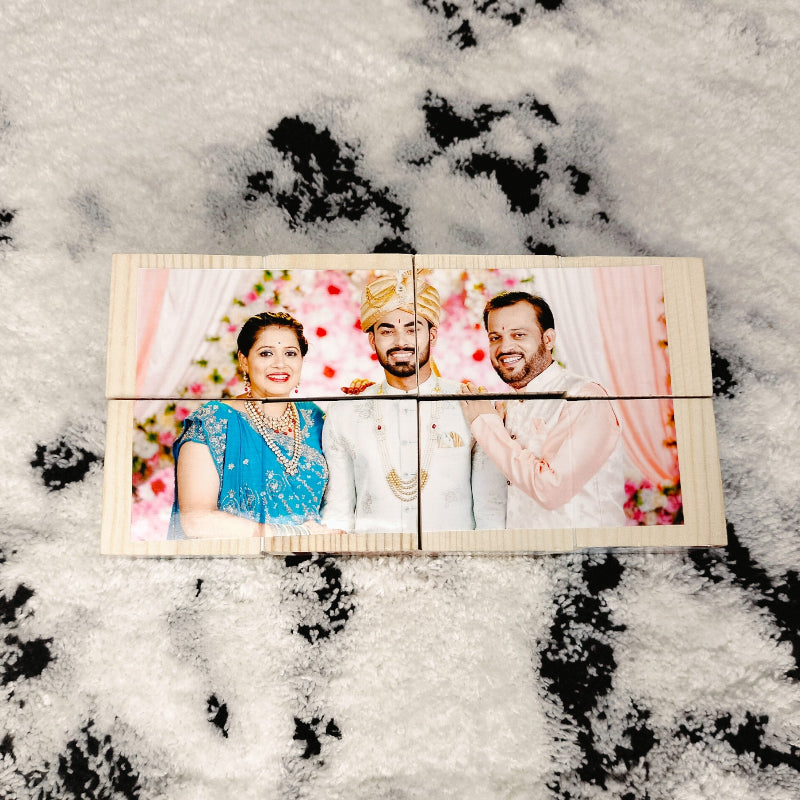 Wooden photo puzzle with four images of a couple on a textured surface.