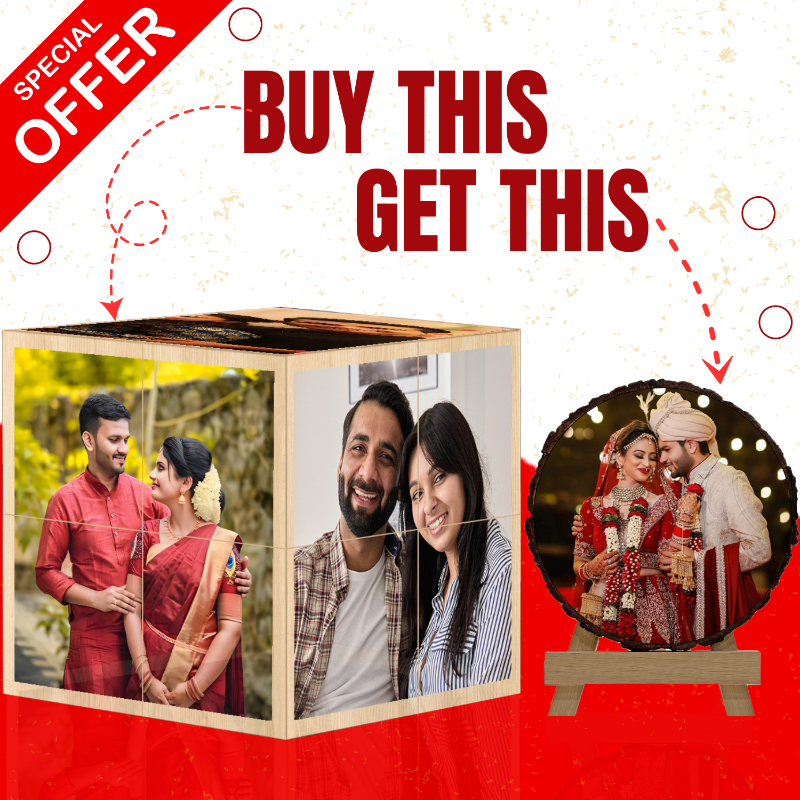 Promotional image featuring a rolling cube with a wooden slice, alongside photos of smiling people, indicating a game-related product and a special offer.