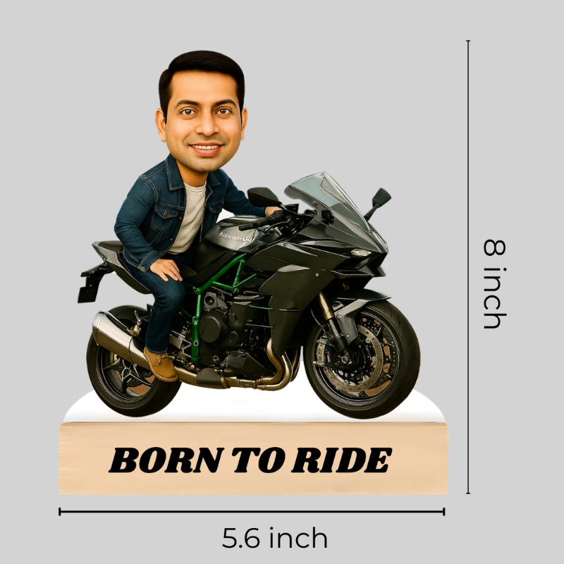 Bobblehead of a person on a motorcycle with 'Born to Ride' text and dimensions.