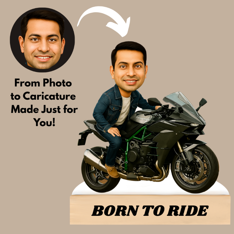 Caricature of a man on a motorcycle with text 'From Photo to Caricature Made Just for You!' and 'Born to Ride'.