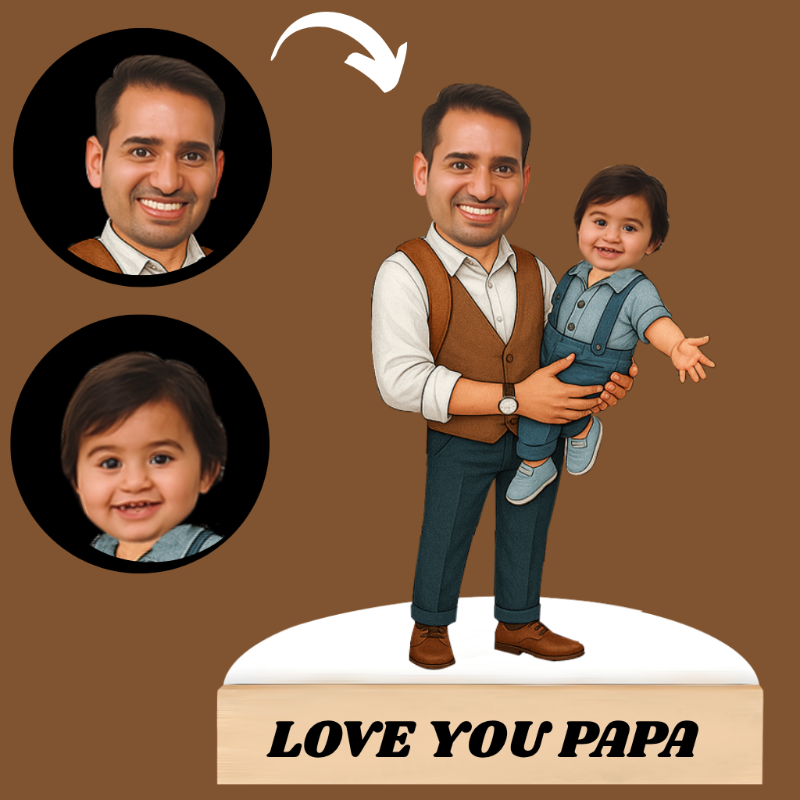 Cartoon-style illustration of a man holding a child with close-up portraits and 'Love You Papa' text on a brown background.