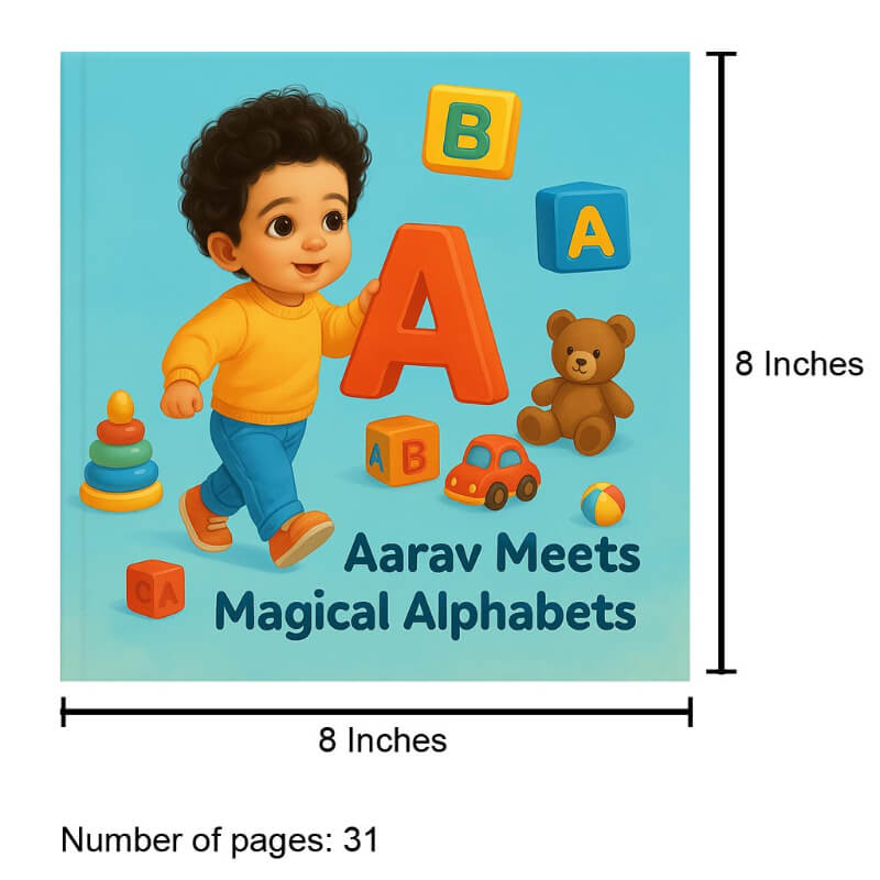 custom storybook titled 'Aarav Meets Magical Alphabets' with a boy holding an 'A' and educational toys on a blue background