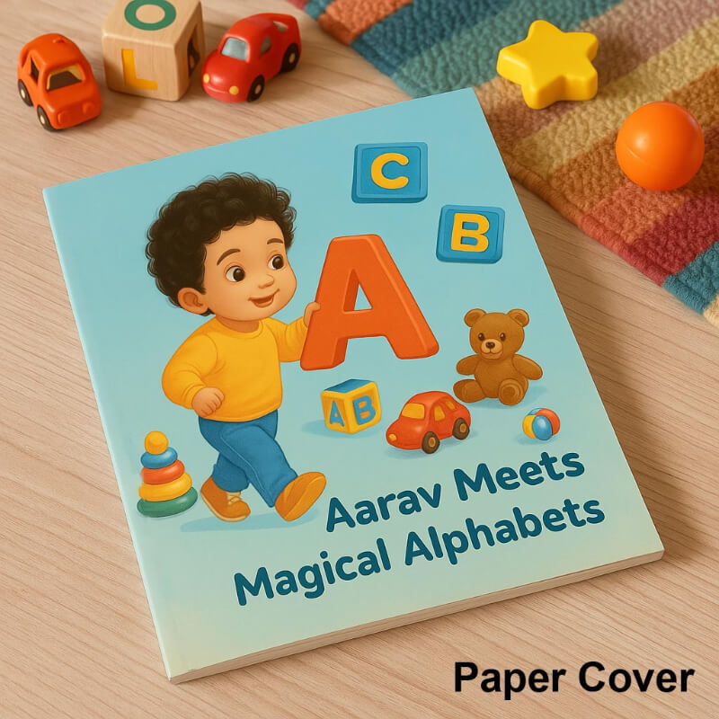 personalized children's book titled 'Aarav Meets Magical Alphabets' on a wooden surface with toys around