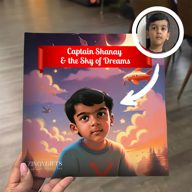 Book titled 'Captain Shanay & the Sky of Dreams' held by a person with a child's face inset.