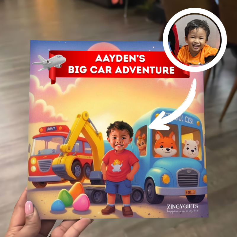Children's book titled 'Aayden's Big Car Adventure' with a child's photo inset.