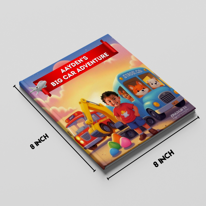 Children's book titled 'Aydén's Big Car Adventure' with a bus and toy illustration on a gray background.