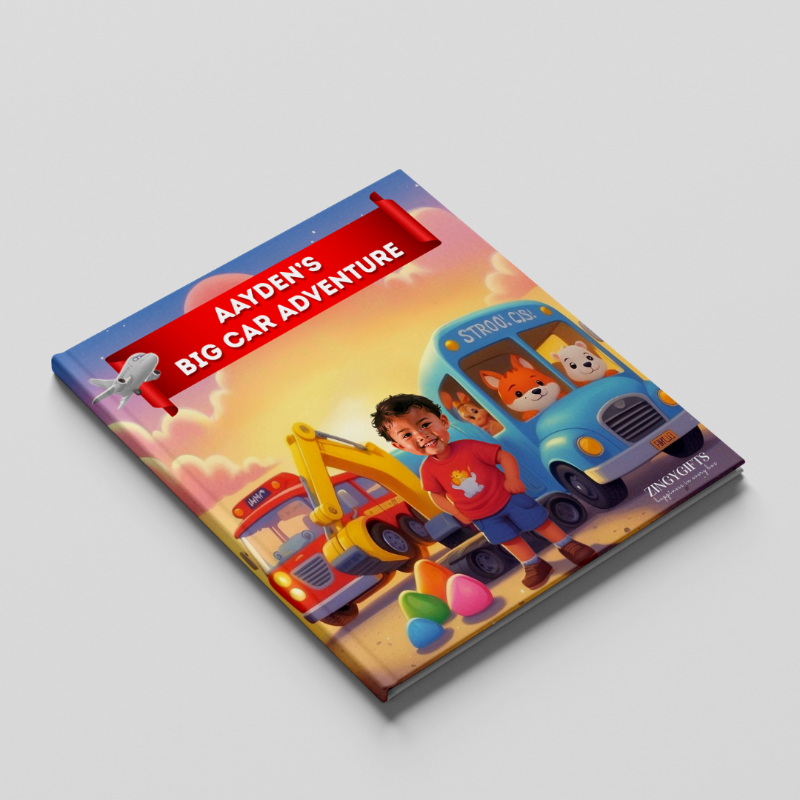 Children's book titled 'Aydén's Big Car Adventure' with a colorful cover featuring a child and toy cars on a gray background.