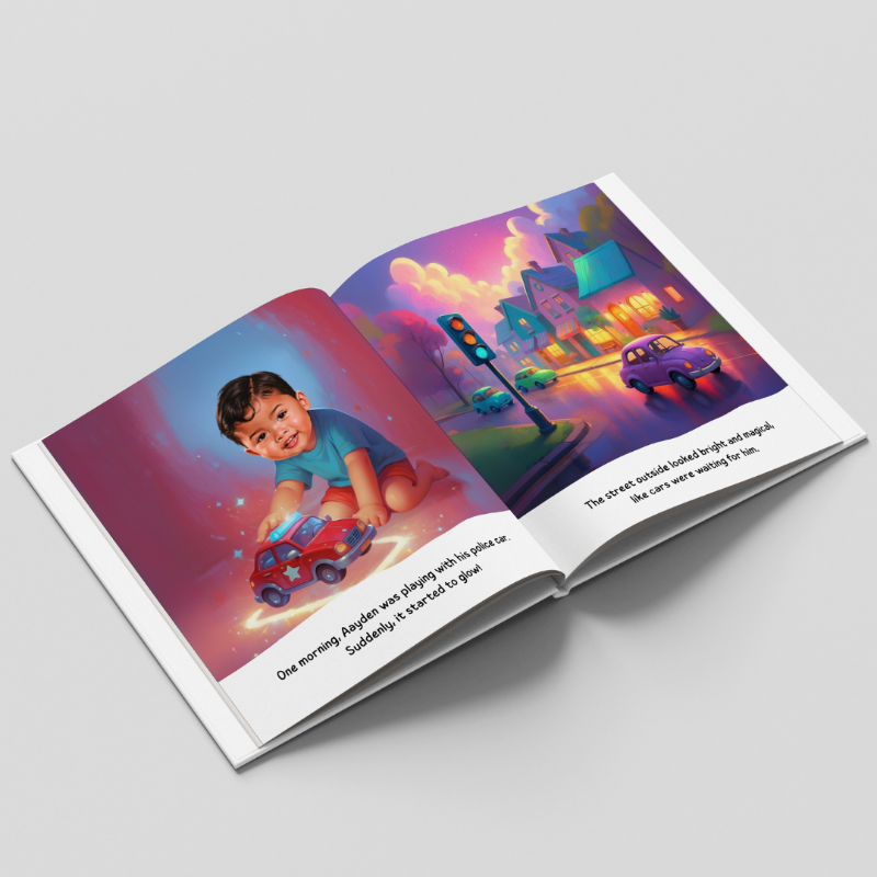 Open book with a colorful illustration of a child playing with a toy car on a city street.