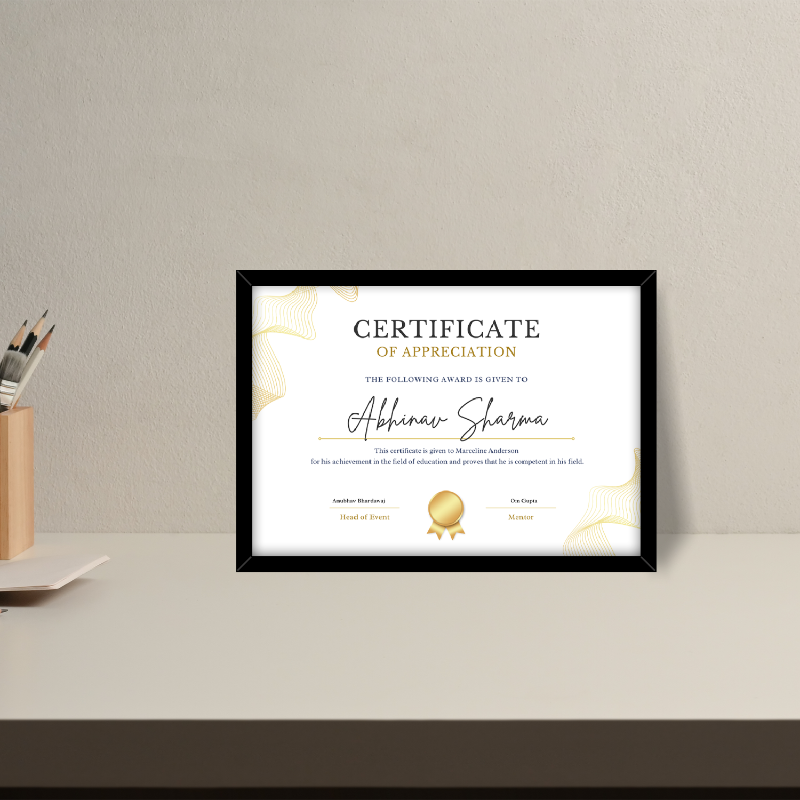 Framed certificate of appreciation on a wall with a neutral background