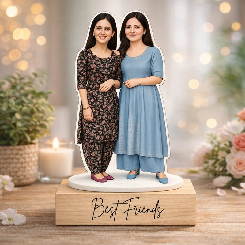 CUSTOM CARICATURE of two women standing together with 'Best Friends' on a wooden base, set against a blurred background with lights and plants.